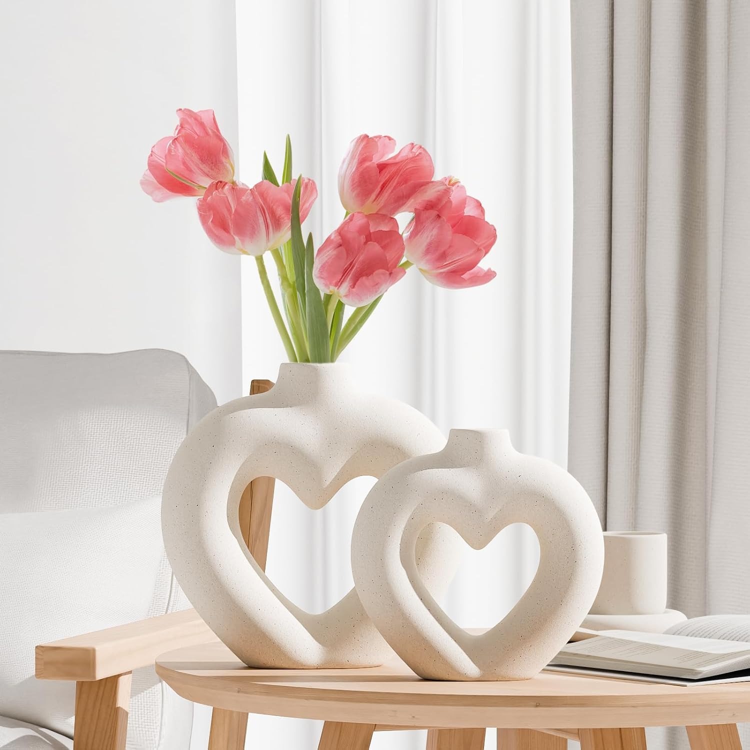 White Heart Ceramic Vases Set of 2