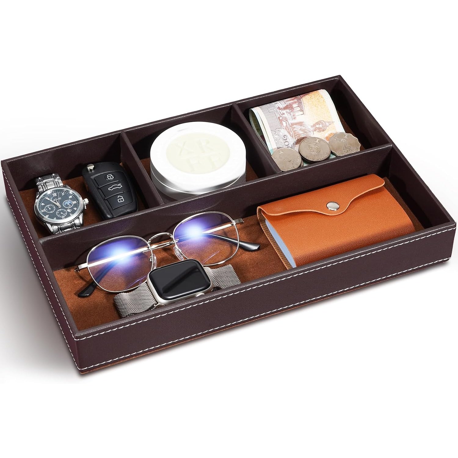 Faux Leather Storage Tray with 4 Compartments