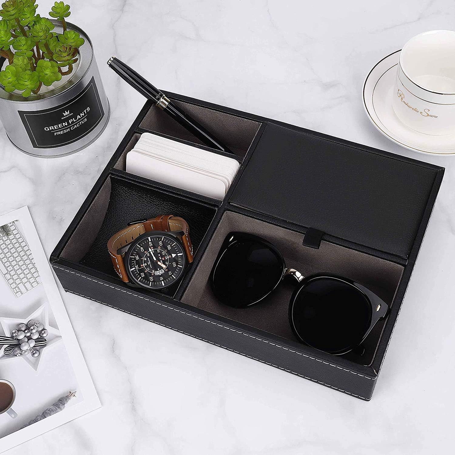 Faux Leather Valet Tray with 5 Compartments