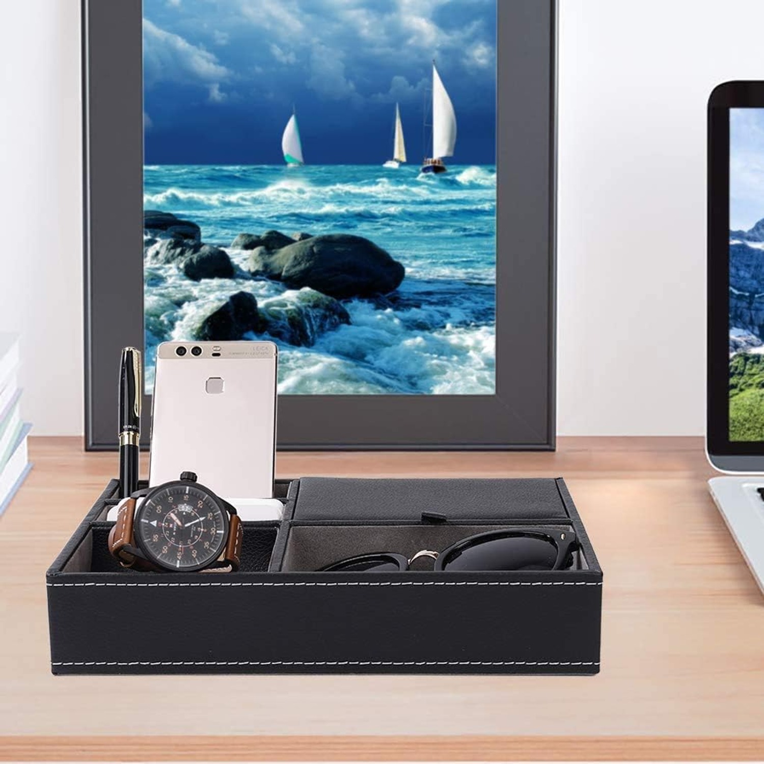 Faux Leather Valet Tray with 5 Compartments