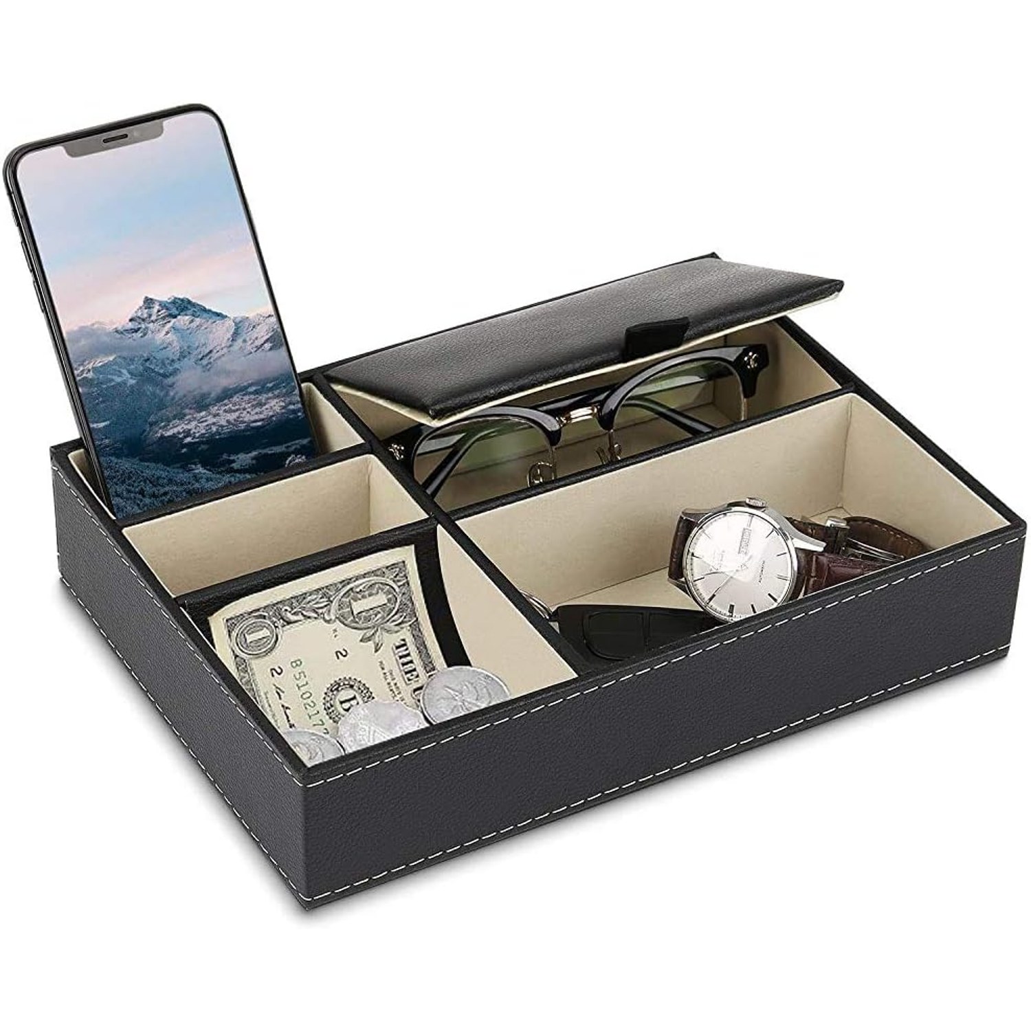 Faux Leather Valet Tray with 5 Compartments