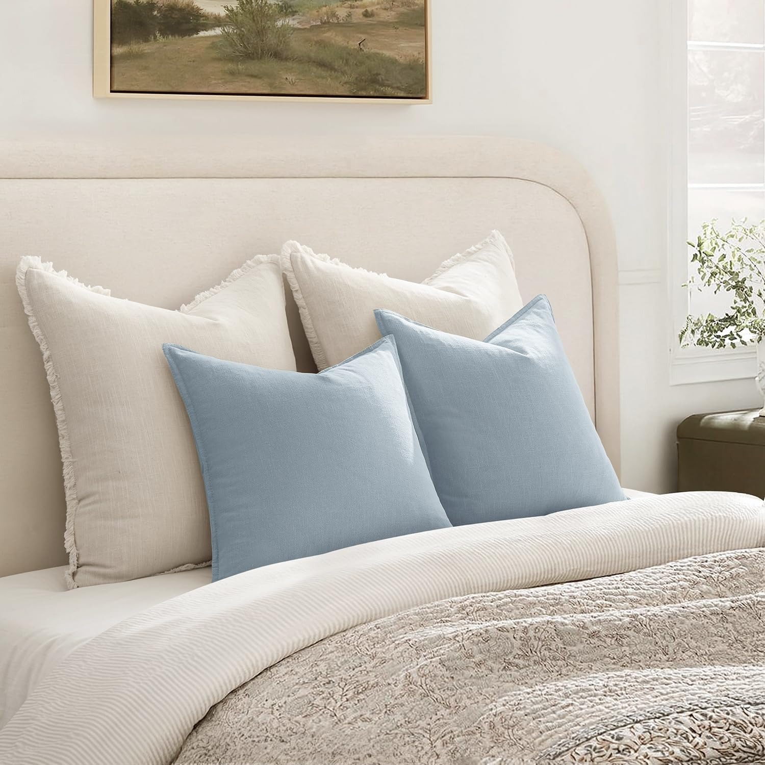 Linen Blend Euro Sham Cushion Covers, Light Blue, Set of 2