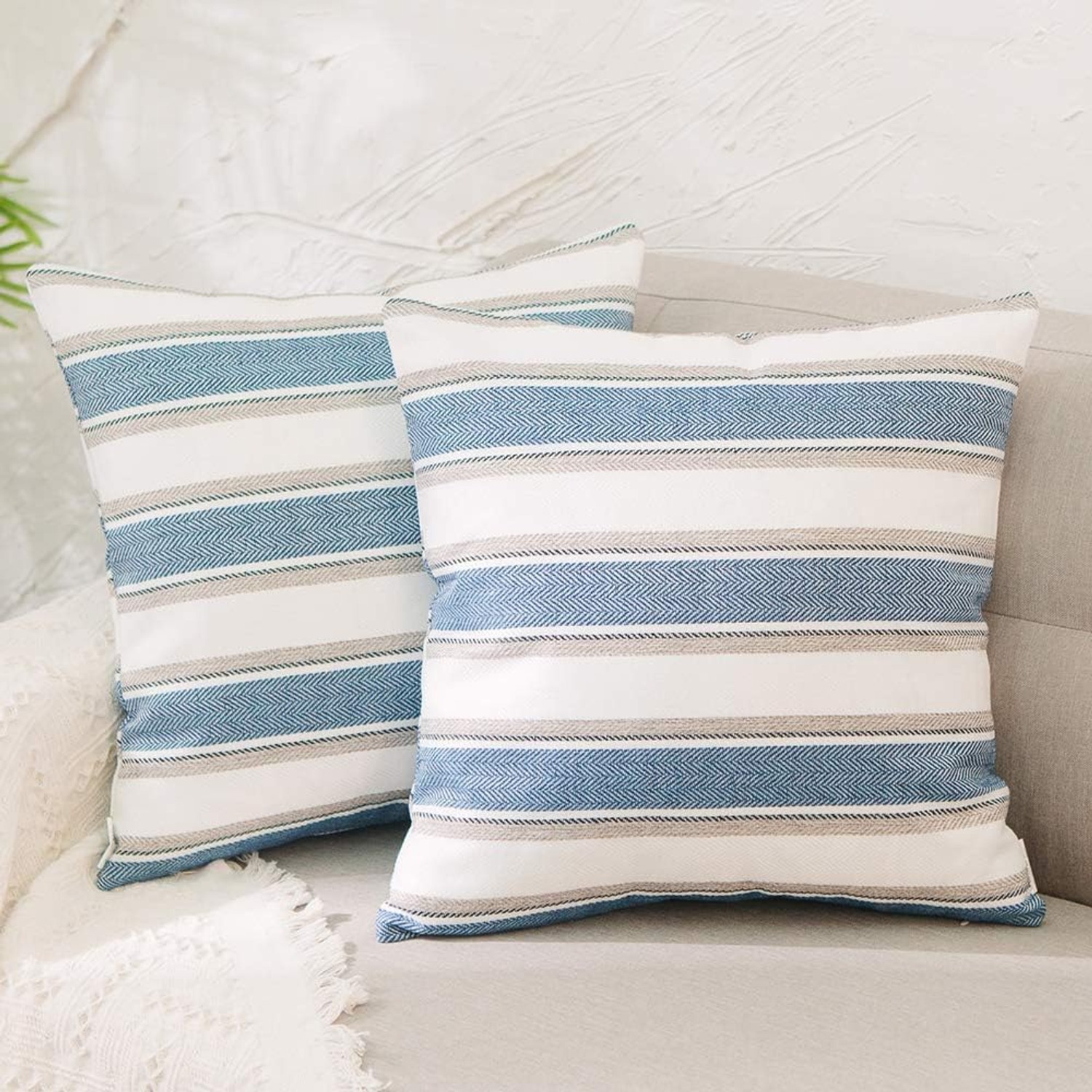 Striped Linen Look Cushion Covers (Pair, Faux Linen Polyester)