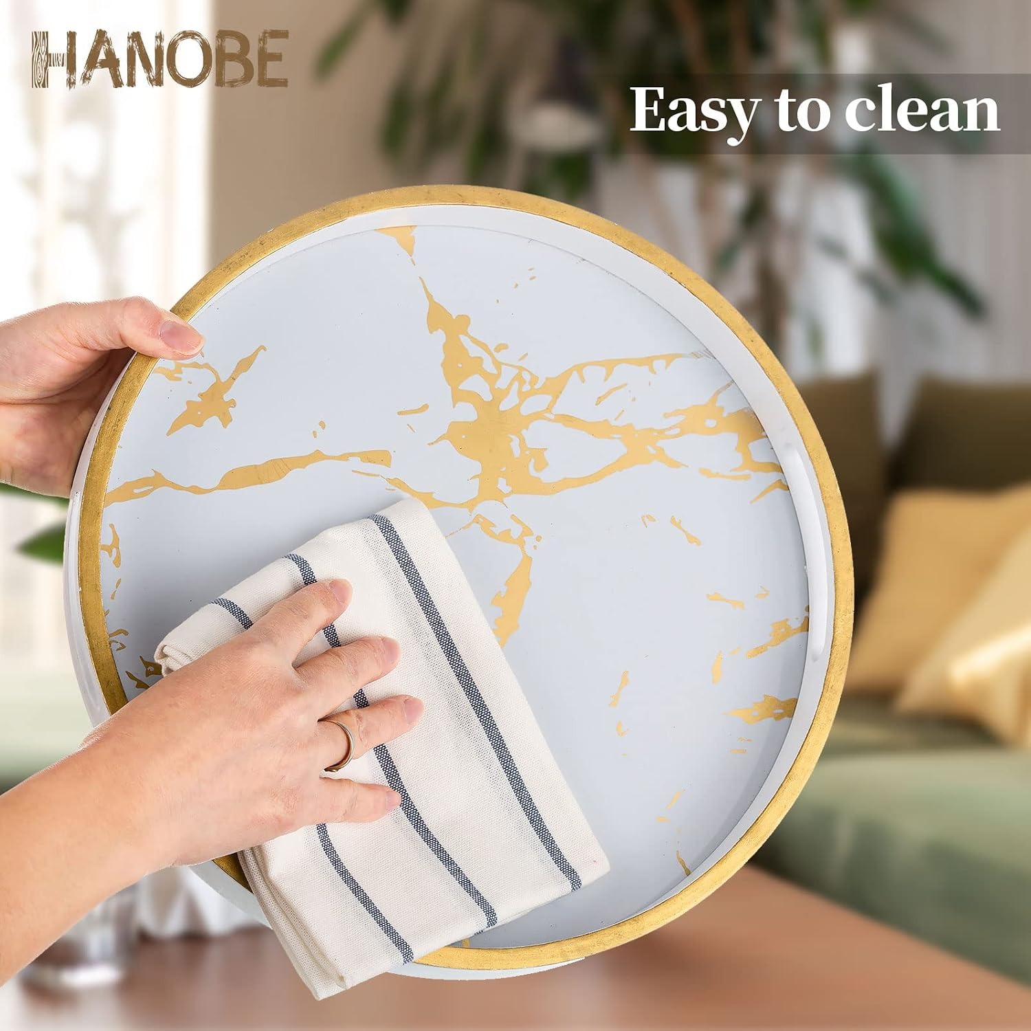 Round Marble Look Tray With Handles