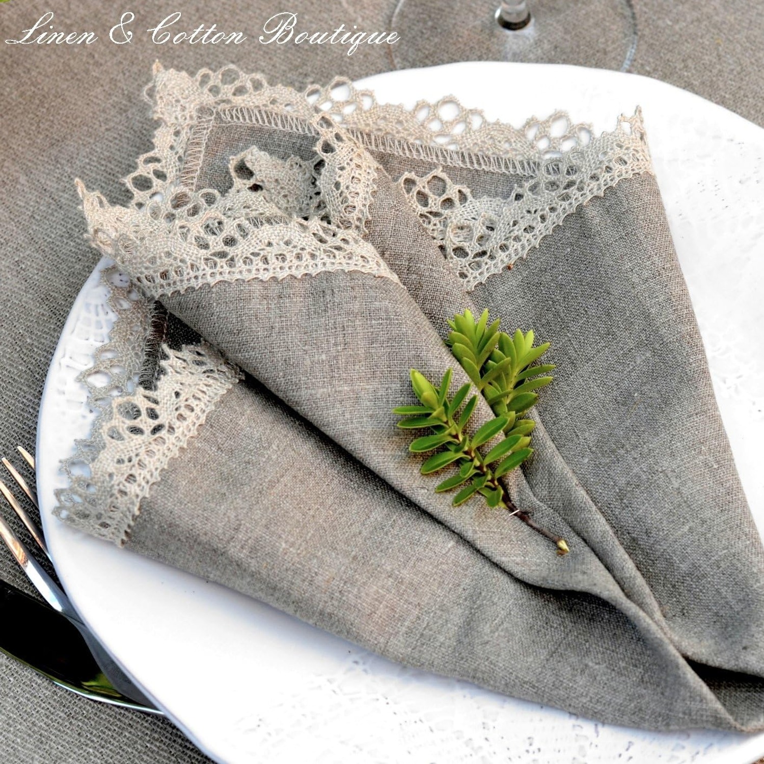 Crochet Edged Linen Napkins, Set of 4