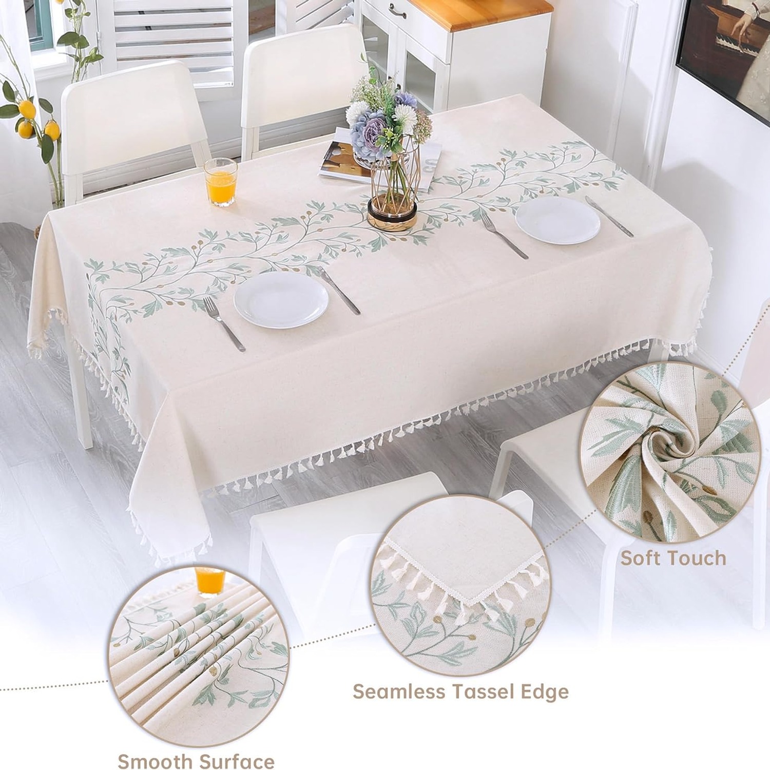 Embroidered Leaf Linen Tablecloth with Tassels: image 7