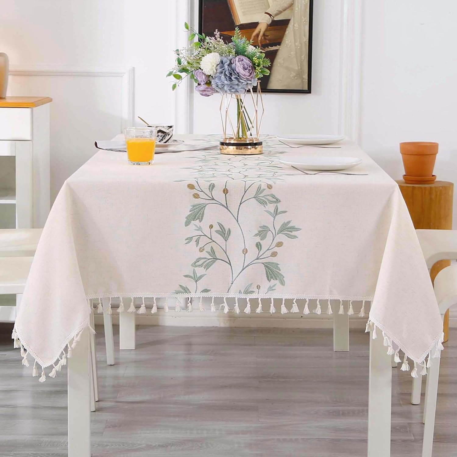 Embroidered Leaf Linen Tablecloth with Tassels