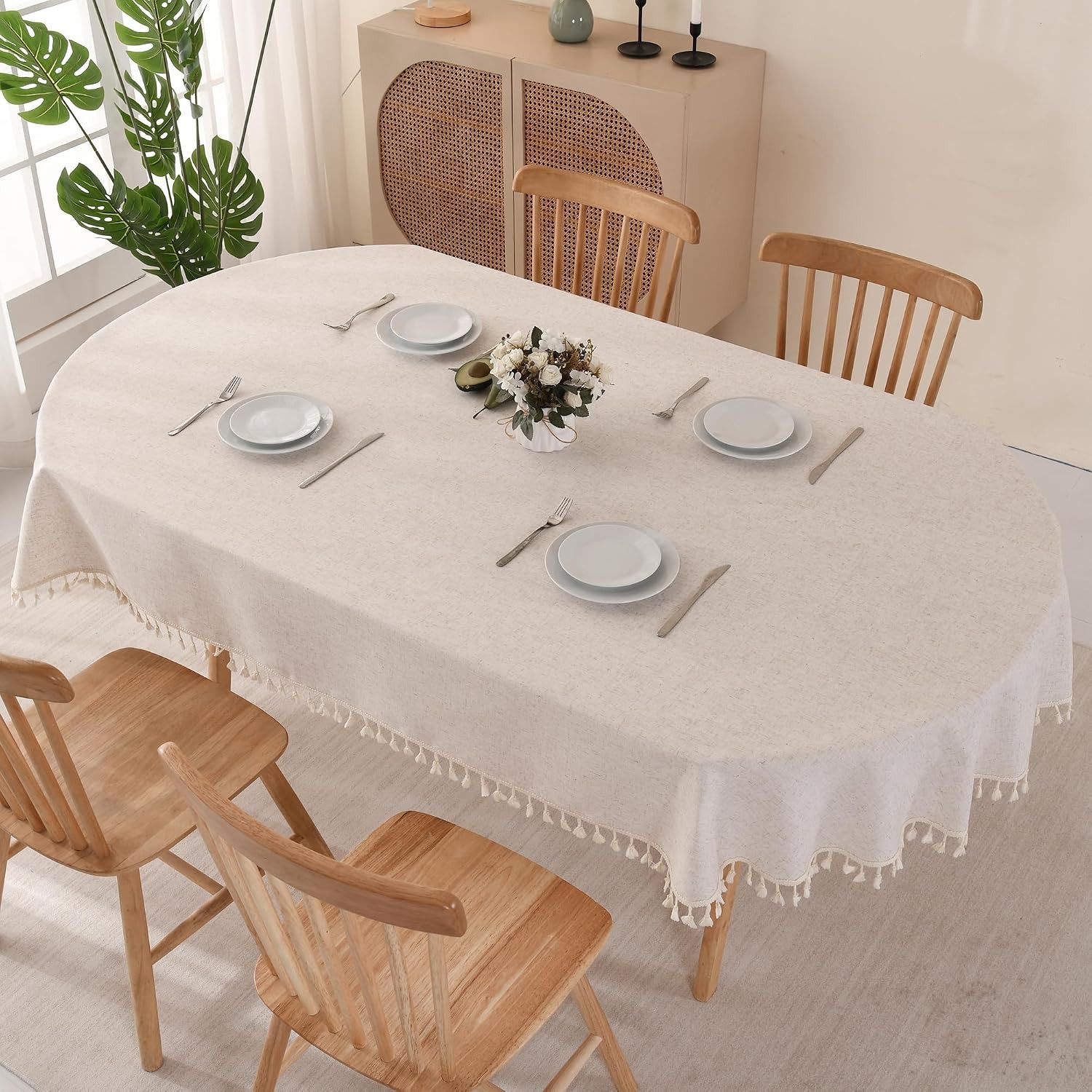 Oval Beige Cotton Linen Tablecloth with Tassels