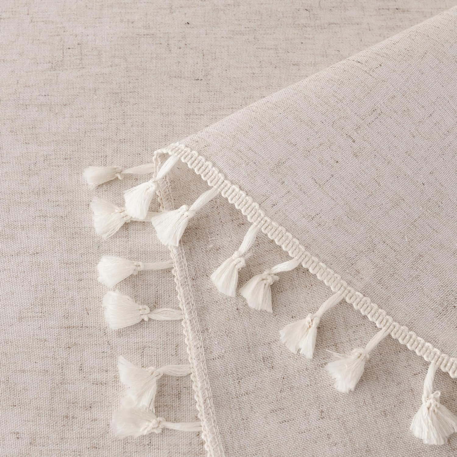 Oval Beige Cotton Linen Tablecloth with Tassels: image 5