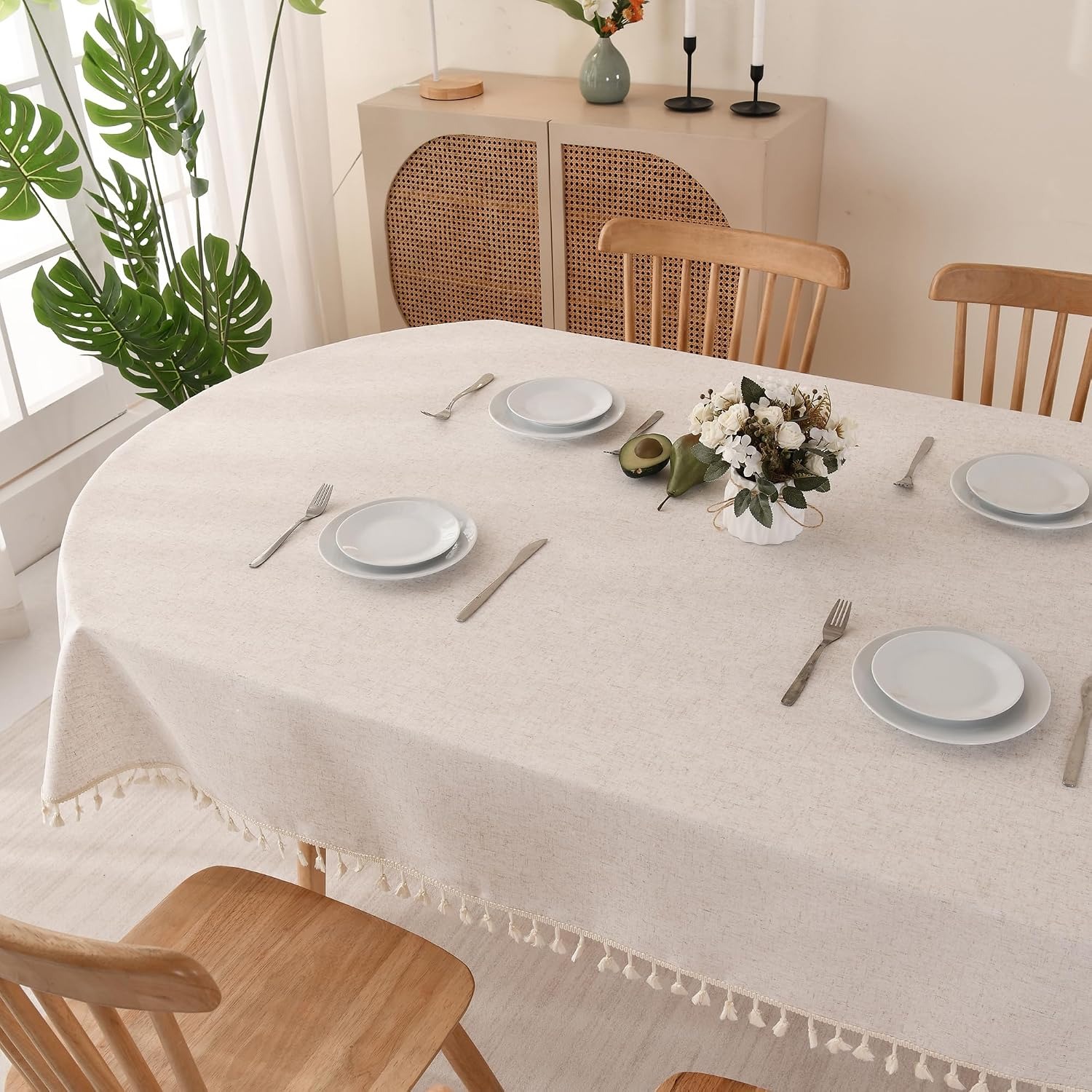 Oval Beige Cotton Linen Tablecloth with Tassels: image 8