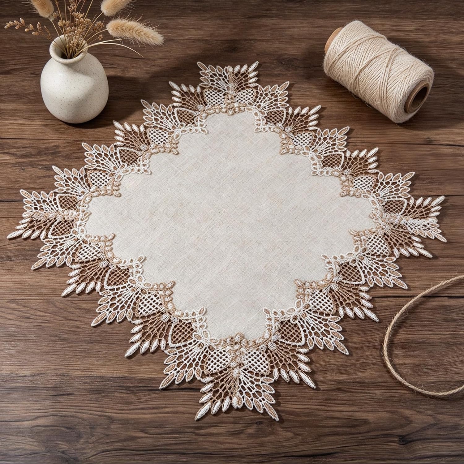 Square Linen Table Topper with Lace Trim 50cm