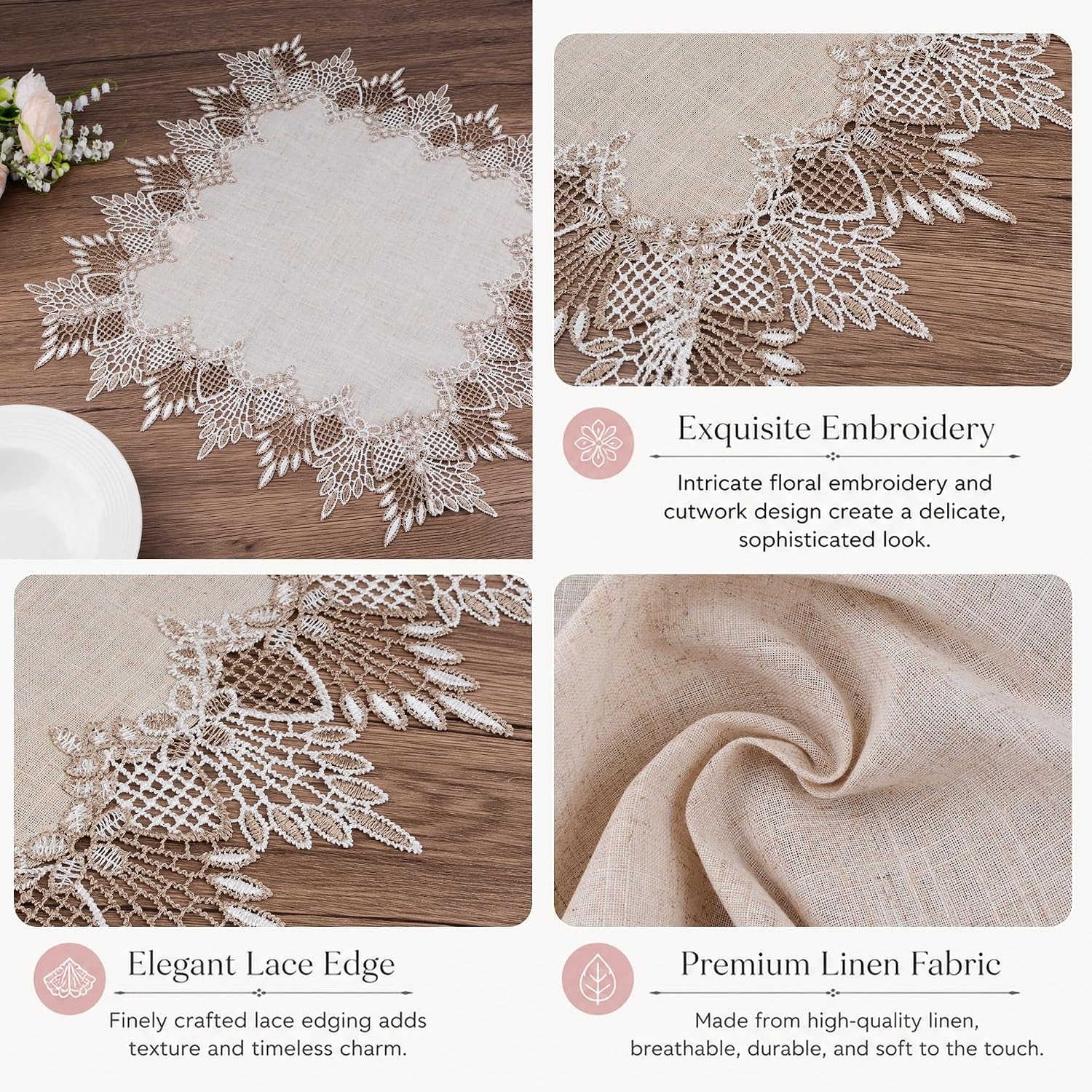 Square Linen Table Topper with Lace Trim 50cm: image 3