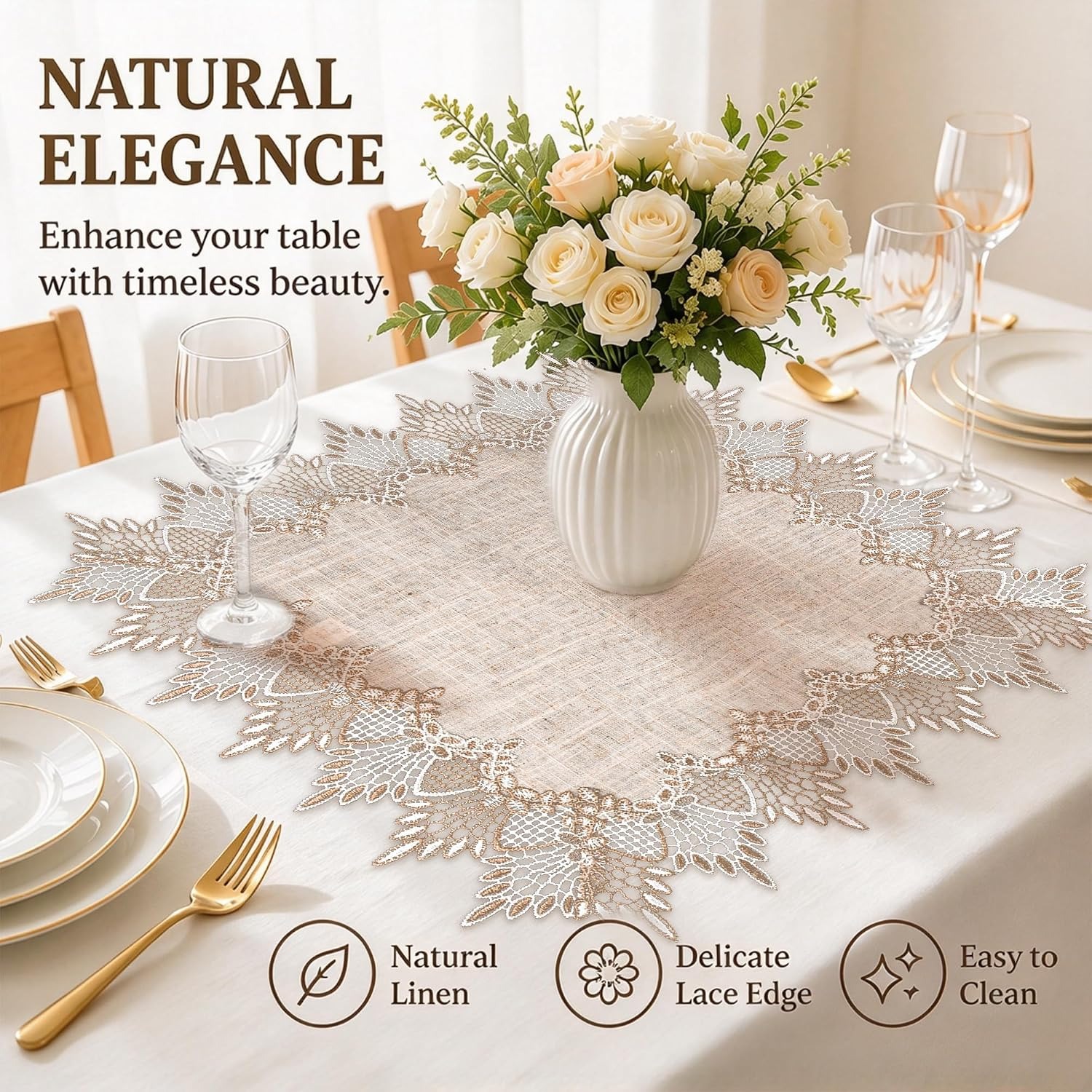Square Linen Table Topper with Lace Trim 50cm: image 4