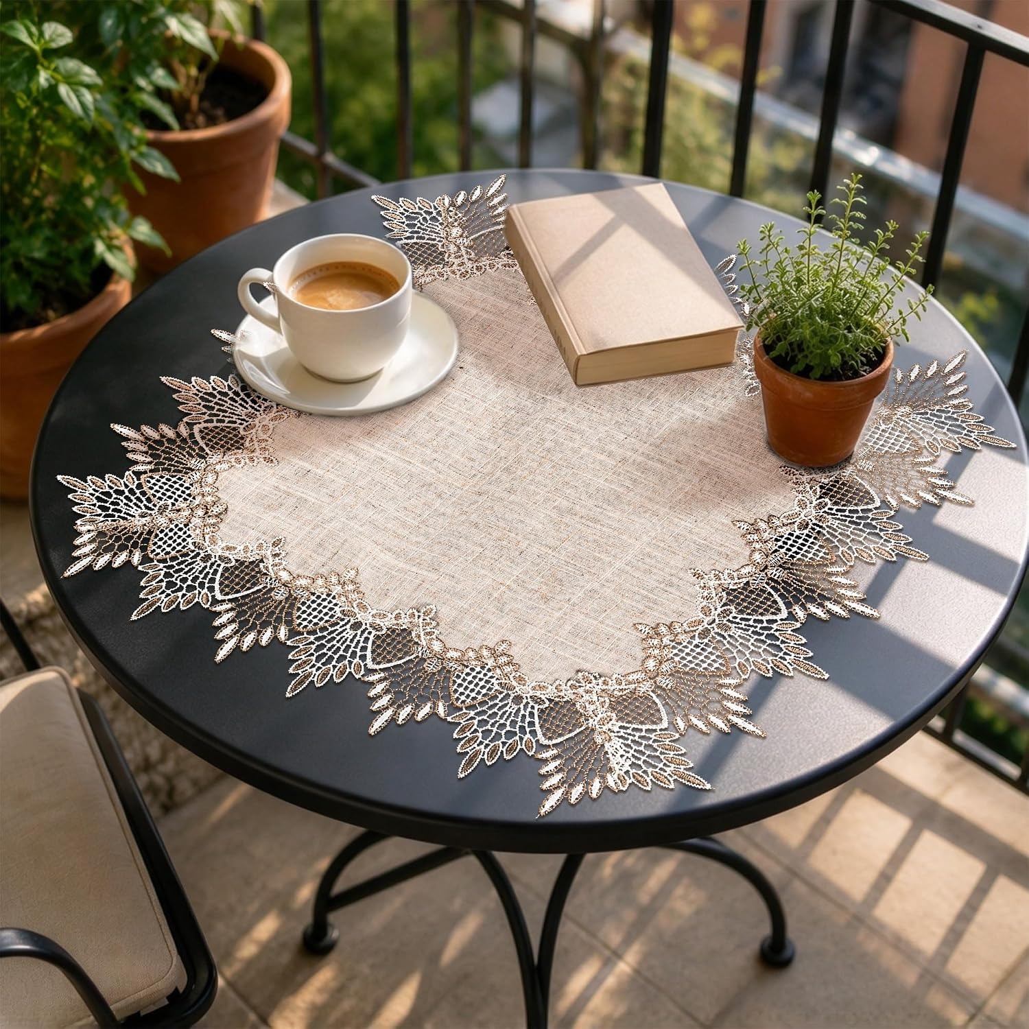 Square Linen Table Topper with Lace Trim 50cm: image 5