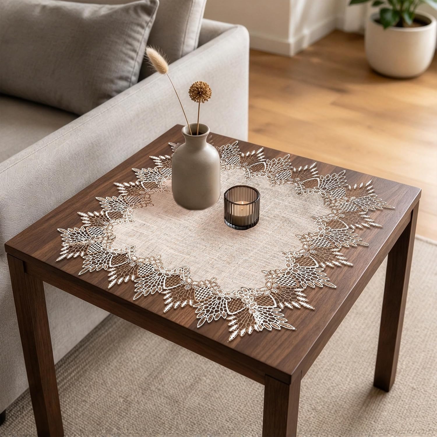Square Linen Table Topper with Lace Trim 50cm: image 6