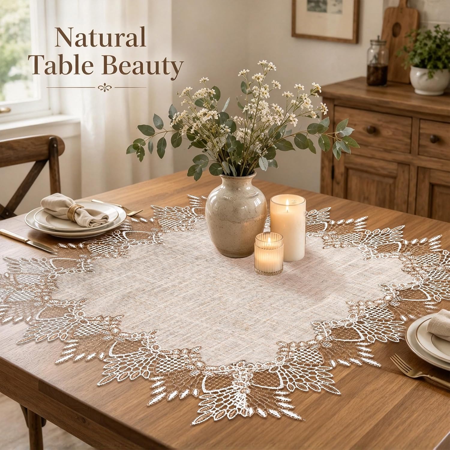 Square Linen Table Topper with Lace Trim 50cm: image 7